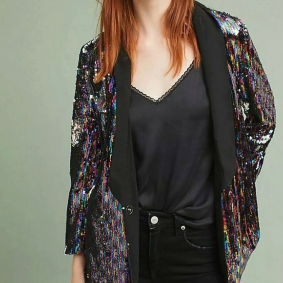 NWOT✨️ Anthropologie Cartonnier Rainbow Silver Black  Sequin Flip Blazer Jacket - Picture 6 of 13